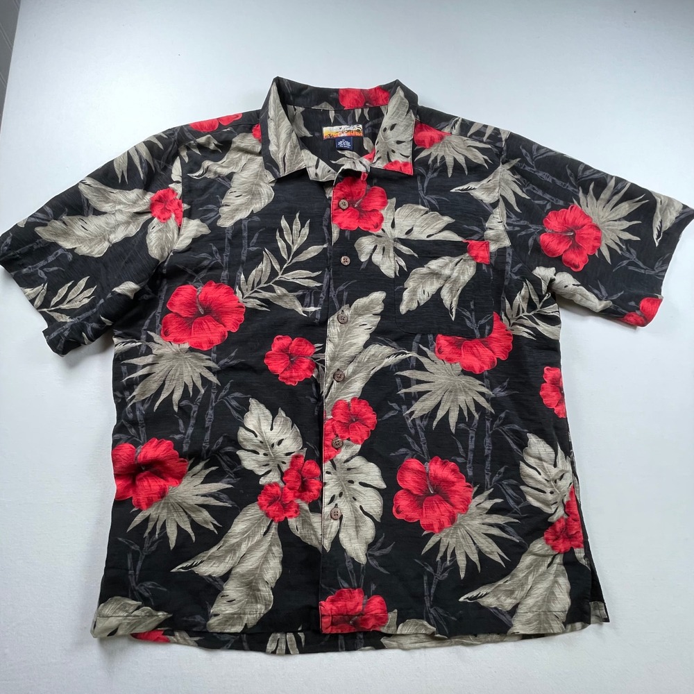 Havana Jacks Cafe Mens XL Silk Hawaiian Shirt Red Hibiscus Tropical Camp Black - Picture 3 of 6